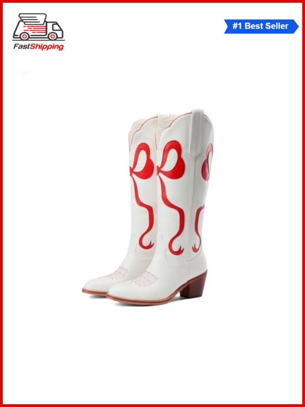 ✨White Cowgirl Knee-High Boots Bow Embroidered Western Chunky Heel Almond Toe